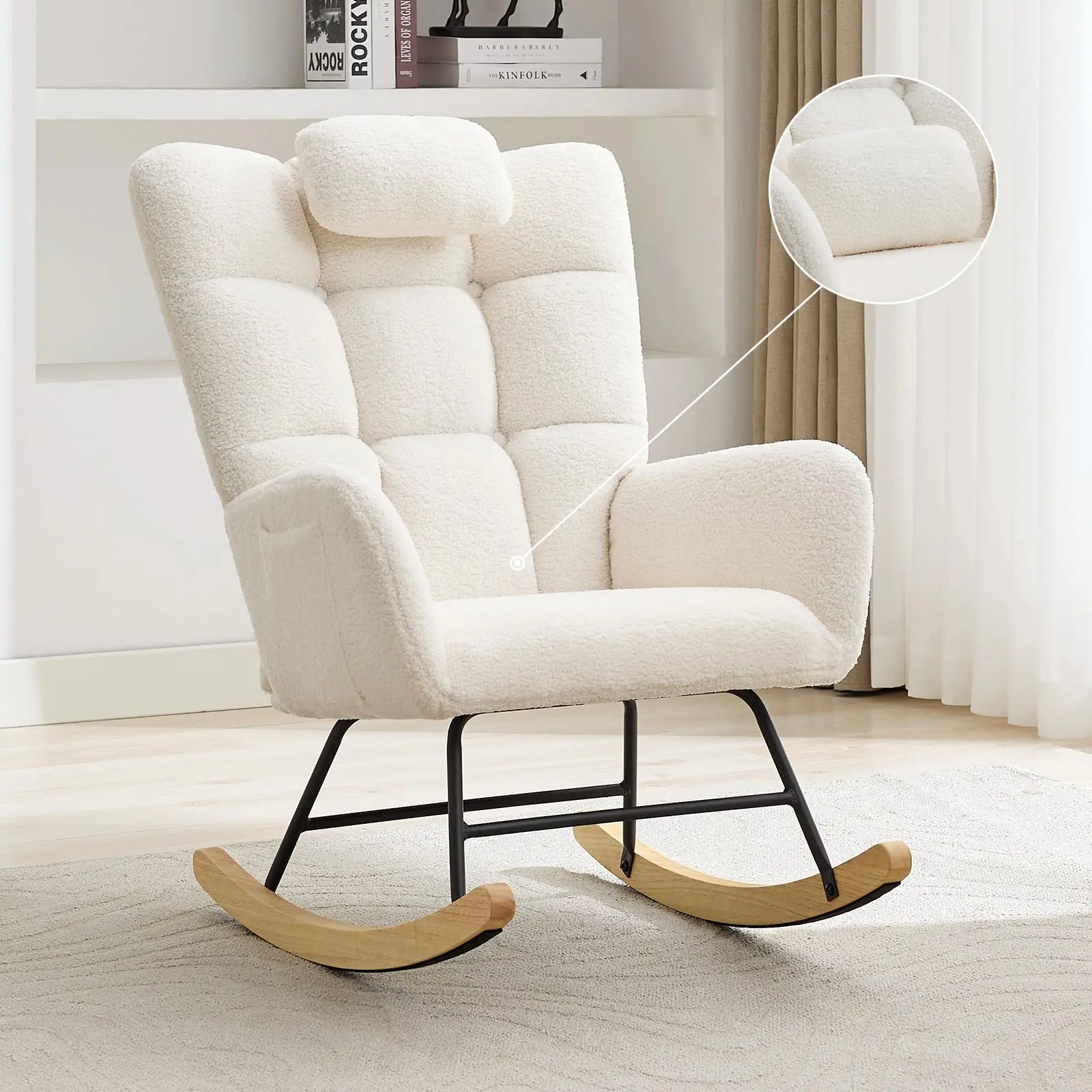 High Back Rocking Chair – Ergonomic Recliner Glider with Lumbar Support & Soft Soft Fleece – Modern Accent Armchair