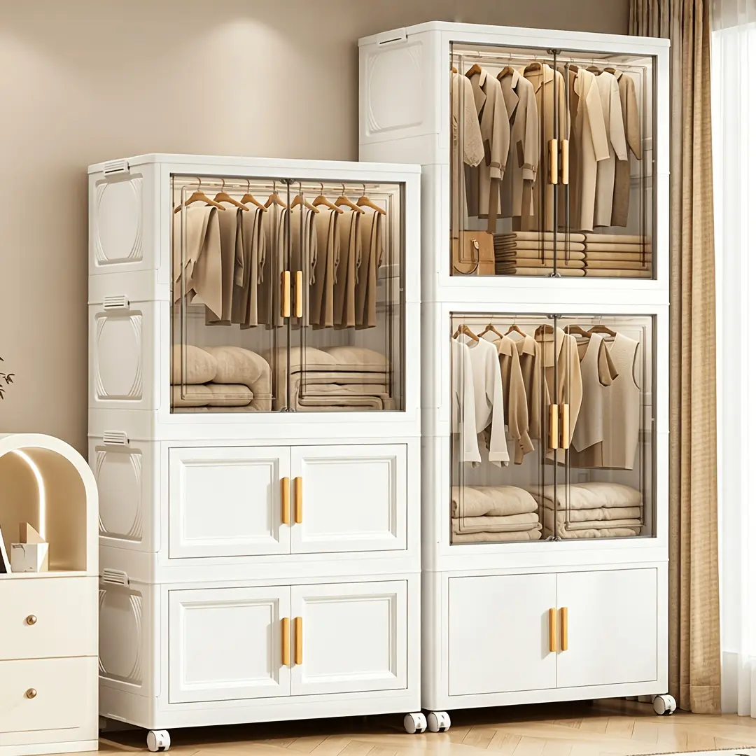 Foldable Plastic Wardrobe Storage Cabinet, Stackable Closet Organizer with Wheels & Transparent Doors, Large Capacity Dustproof Portable Closet for Bedroom, Dorm, Rental Apartment