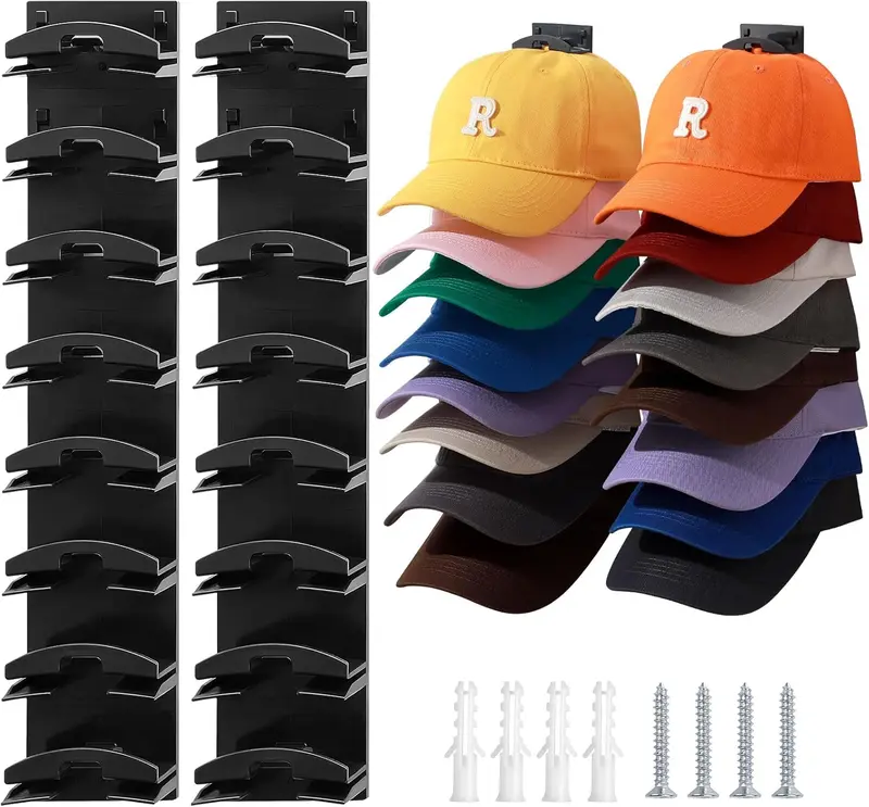 Adhesive Hat Organizer For Wall - Rack For Baseball Caps - Strong Hold, Black