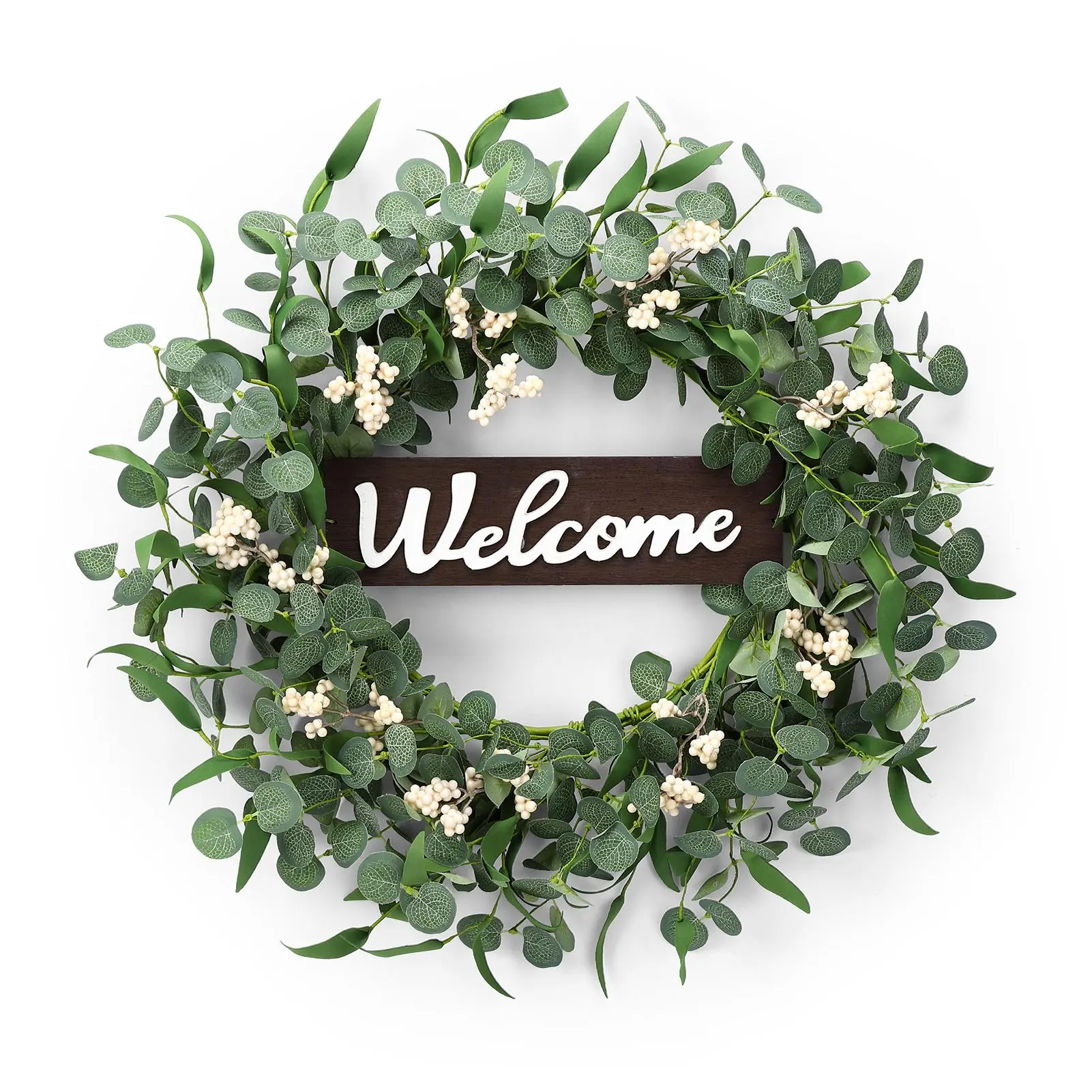 20 Inch Artificial Eucalyptus Wreath for Front Door, Modern Farmhouse Greenery Wreath with 3D Wood Alphabet and Berries, All Seasons Large Welcome Door Wreath Outside Inside Wall Window Hanging Decor