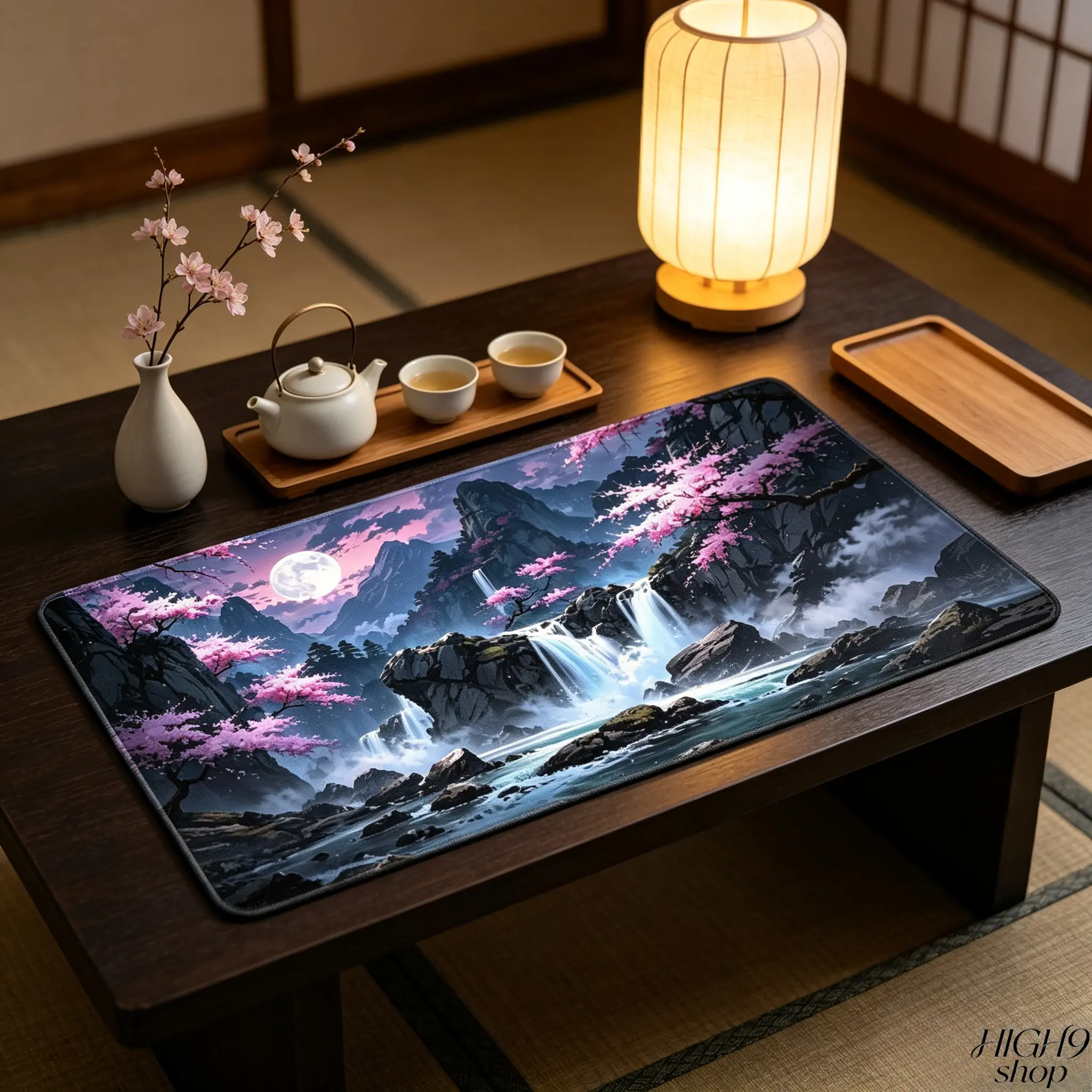 Japanese Moonlit Waterfall Cherry Blossom Extended Gaming Mouse Pad, Magical Night Landscape Non-Slip Rubber Lock Edge Washable Large Desk Mat, Aesthetic Scenery Desktop Protector Multi Sizes for Home Office Gaming