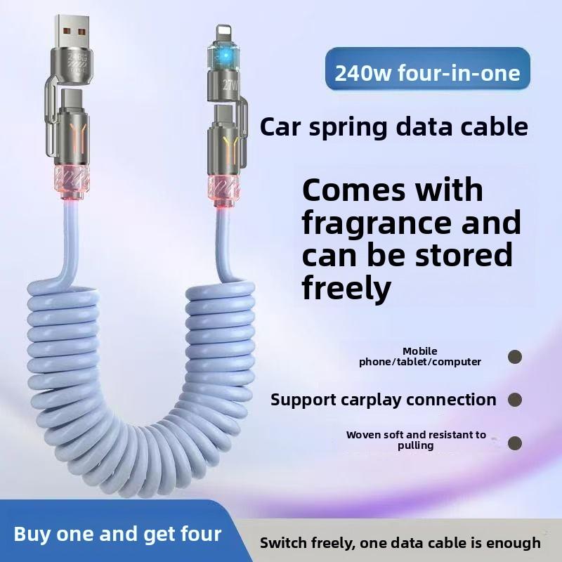 240W Super Fast Charging 4 in 1 Spring Car Charging Cable Compatible with Apple Huawei USB C Lightning USB A Car Data Cable for Phone magnetic mount