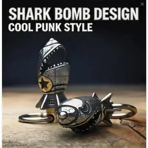 Shark Bomb Keychain Steampunk Vintage Metal Key Ring Unique Gothic Punk Alloy Shark Mouth Bomb Keychain for Men Cool EDC Collectible Novelty Gift，Father's Day Gift