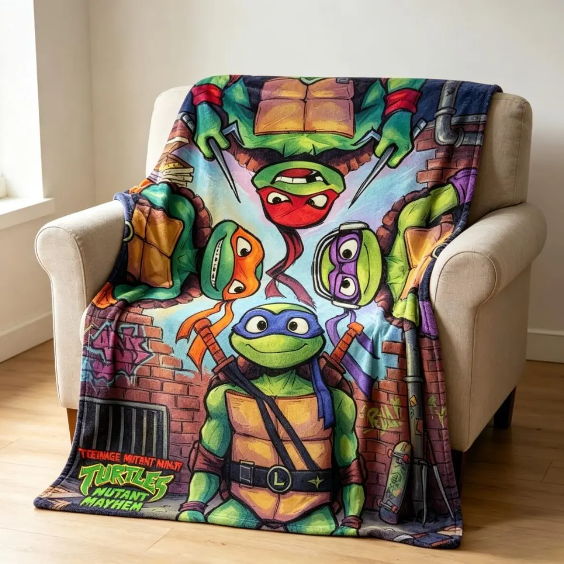 Cartoon Ninja Turtle Inspired Flannel Blanket Colorful Street Art Comic Print Soft Warm Cozy Lightweight Throw Blanket For Bedroom Decor Sofa Lounge Movie Night Birthday Gift Holiday Relaxation Living Room Use Adult And Children Bedding Duvet Bed Sheets C
