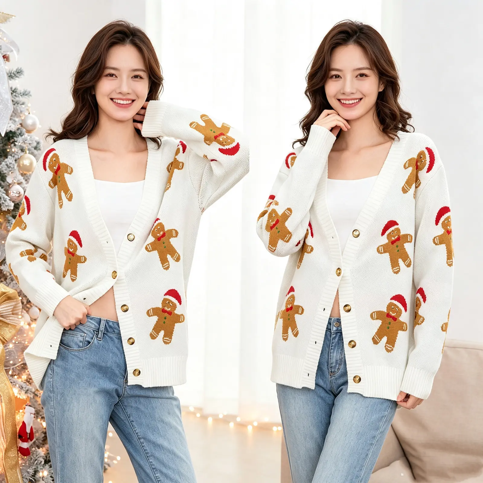 Women's Christmas Cardigan Gingerbread Man Pattern Button-front Long Sleeve V-Neck Ribbed Knitted Sweaters