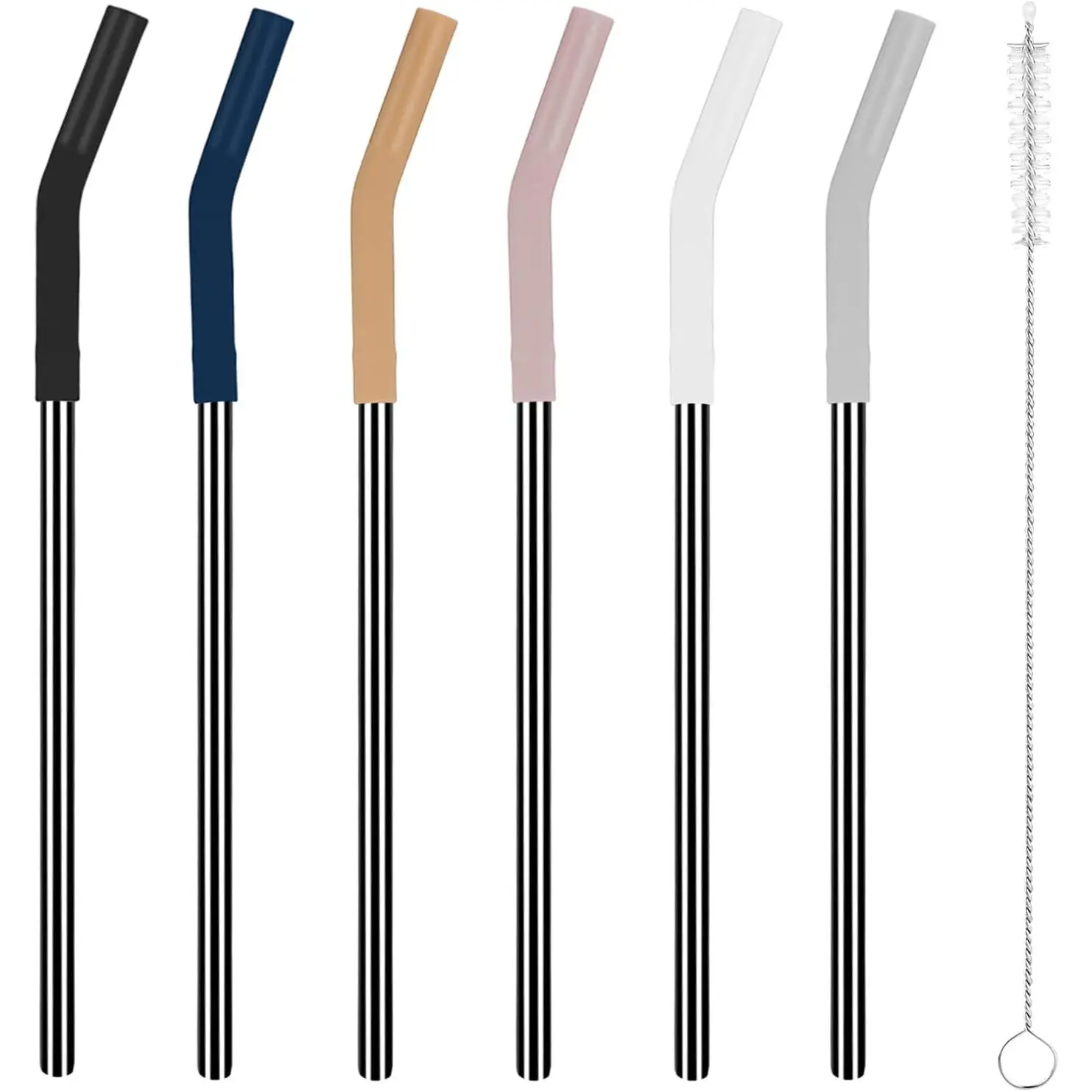 Set of 6 Stainless Steel  Metal Straws with  Flex Tips Elbows Cover, Metal Drinking Straws for  Tumbler, 6 Steel Straws,6  Tips,1 Straw Cleaning Brush(Black)