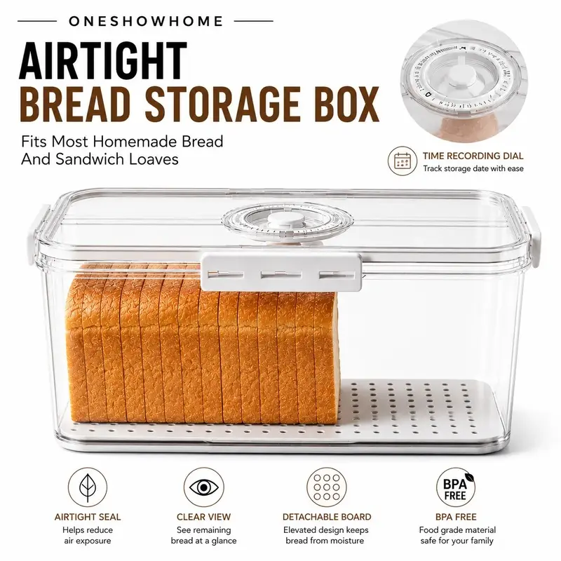 1pcs  Large Capacity Silicone Bread Storage Box With Time Tracking Dial Removable Lid Thickened Food Grade Freshness Container For Storing Bread Fruits Vegetables Snacks Kitchen Organization Gadget On Mid Y