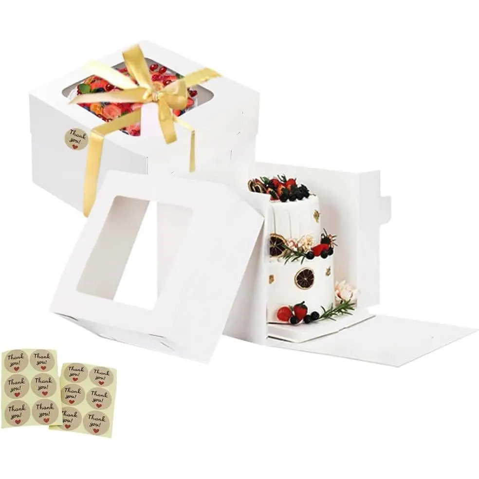 10x10x10 Cake Boxes for Homemade Parties Baking Businesses, 2Pack | Tall Cake Transport Box with Ribbons for Gifting Homemade Cakes Desserts Weddings Birthdays Decorating