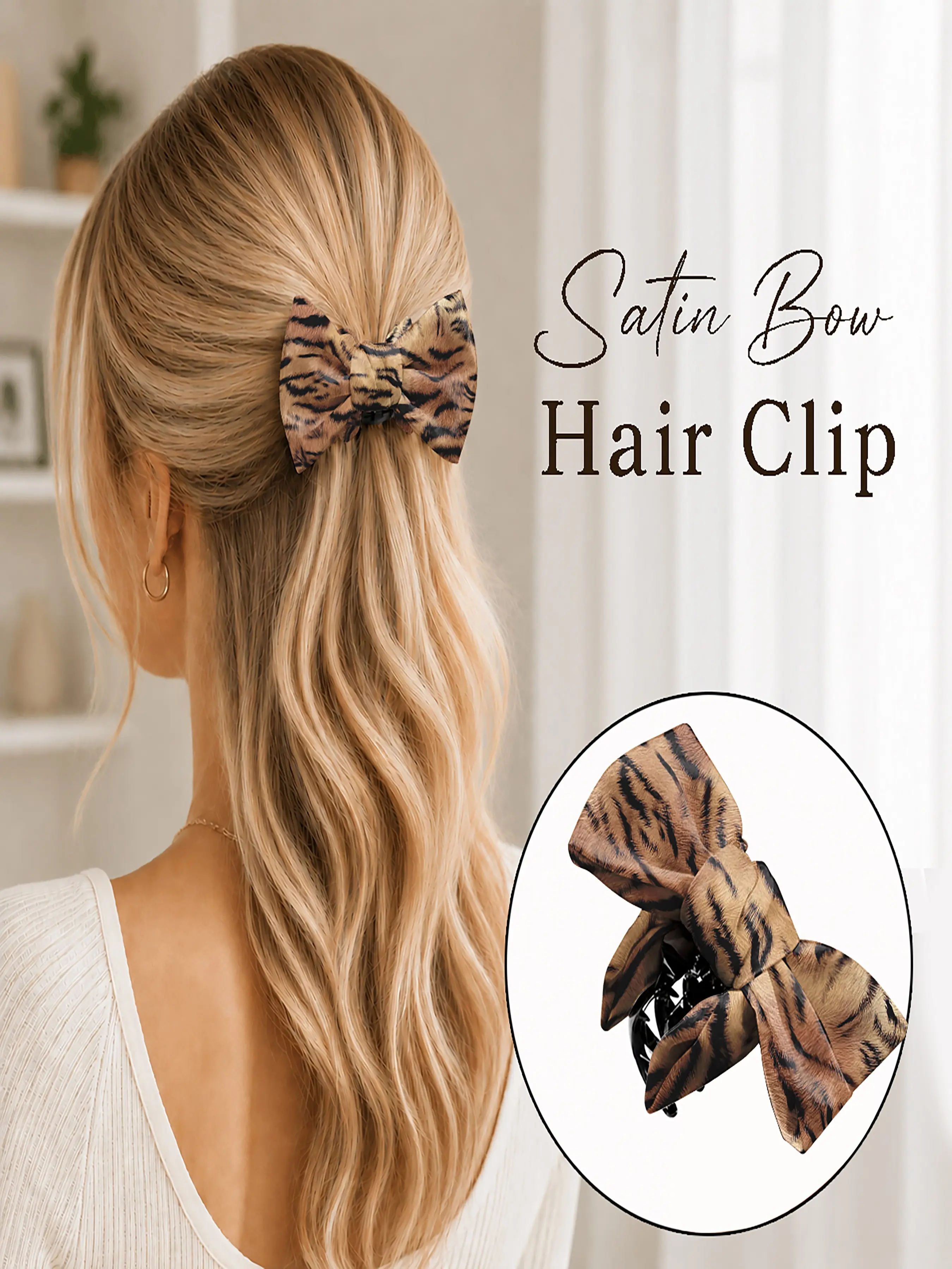 2pcs Tiger Stripe Satin Bow Hair Claw Clip, Chic Half-Up Hairstyle Accessory, Trendy Everyday Hair Clip Gift for Women & Girls
