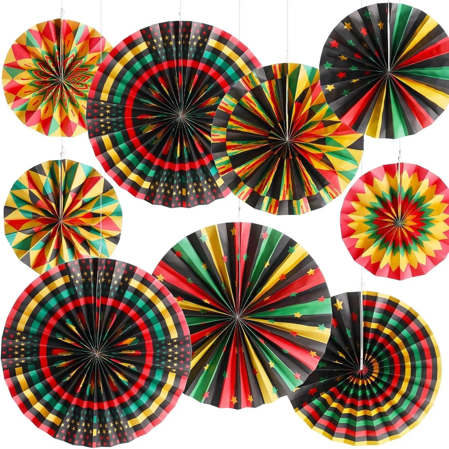 9-Pcs Hangable Kente Wall Hangings Set Pack - Black History Month Holiday Room Decor, Paper Fans, Ceiling Garland for African American Party Classroom