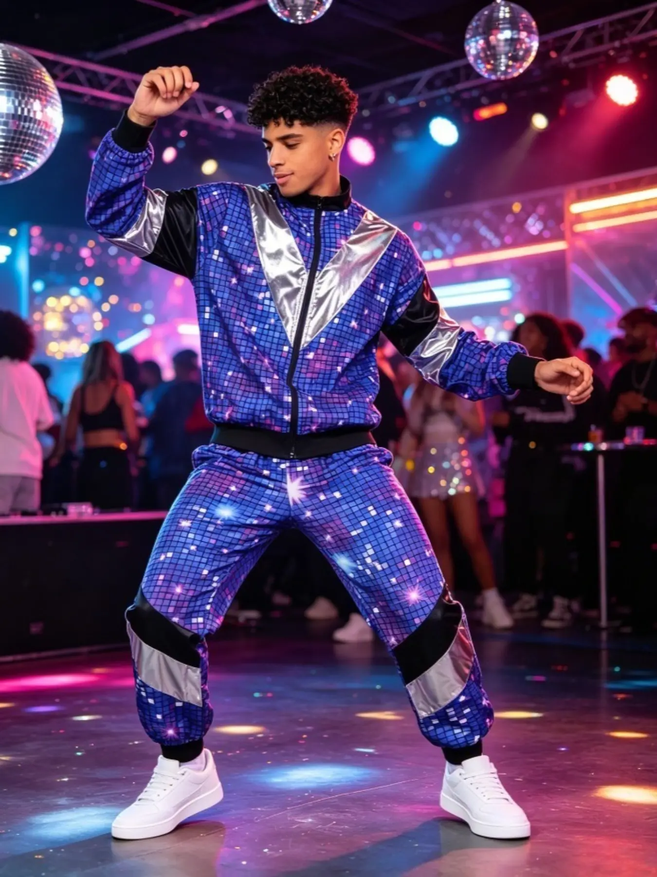 80s Disco Ball Tracksuit Set | Retro Jogger Suit with Metallic Zip Jacket + High Waisted Side Stripe Pants | Fluorescent Vintage Costume for Dance Floor Party Fashion Summer Tracksuits