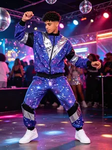 80s Disco Ball Tracksuit Set | Retro Jogger Suit with Metallic Zip Jacket + High Waisted Side Stripe Pants | Fluorescent Vintage Costume for Dance Floor Party