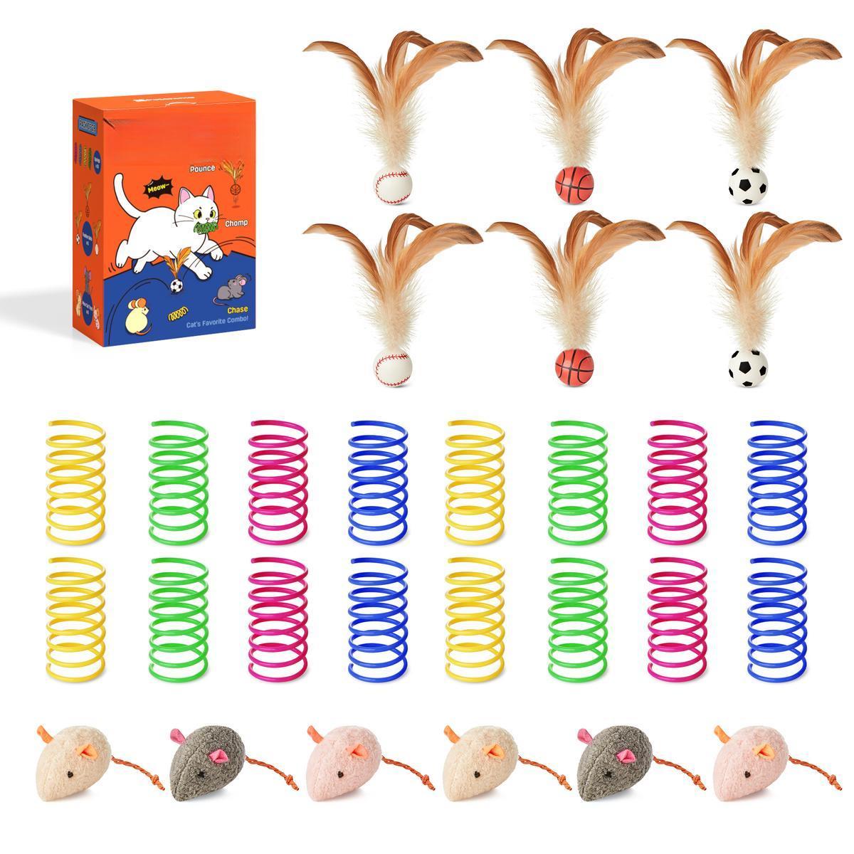 Cat Toys Pack for Indoor Cats, 28PCS Interactive Kitten Accessories with Feather Balls, Mice, Colorful Springs – Starter Kitten Toy Stuff Set, Bored Kitty Must-Have Supplies
