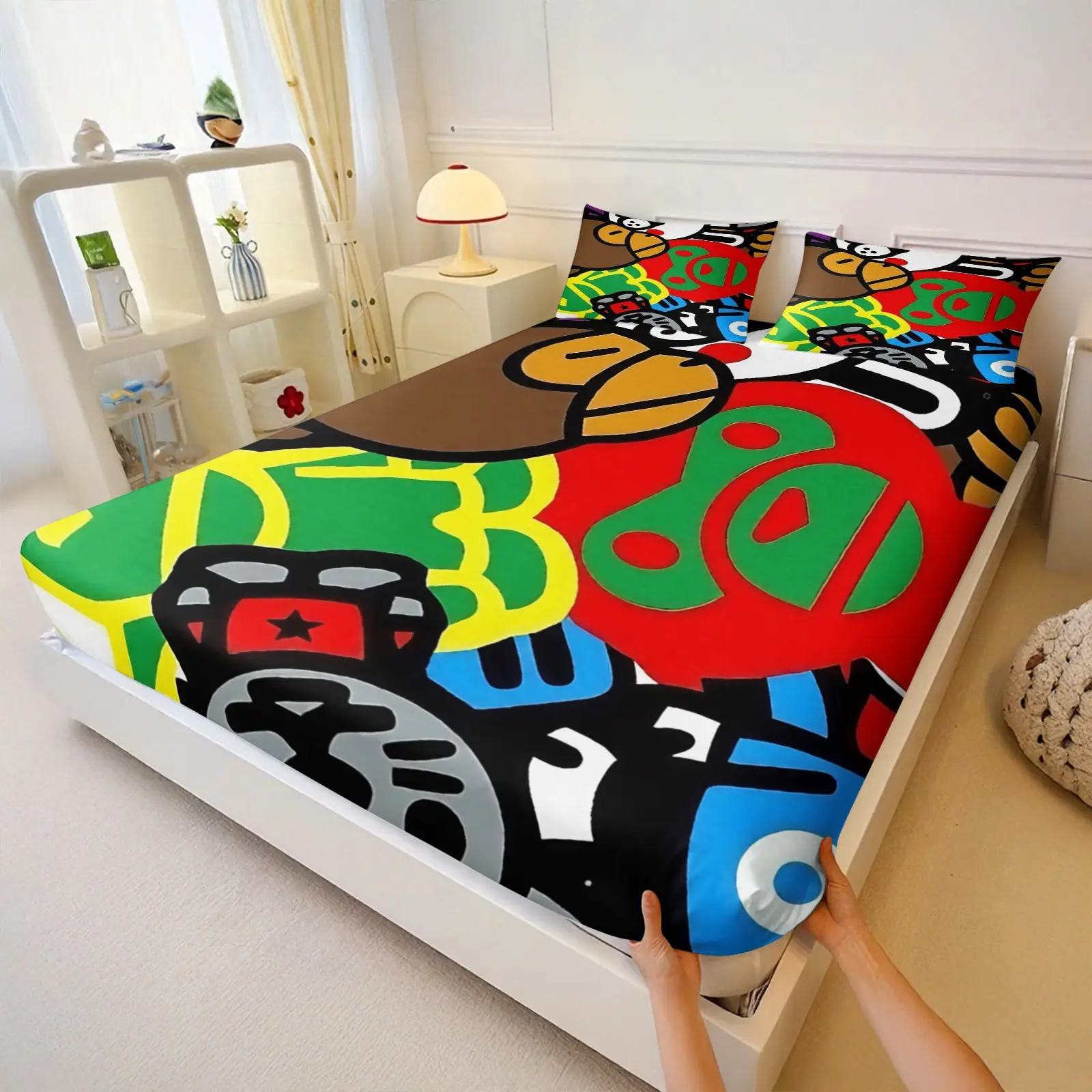 American Retro Vibrant Hand Drawn Graffiti Cartoon Head Fitted Sheet Set, Include 1 Bedskirt and 2 Pillowcases, Bold Contrast Street Graffiti Art Tile Pattern Bedroom Bedspread, Soft Elastic Washable Mattress Cover, Non-slip Fixed, Soft and Comfortable