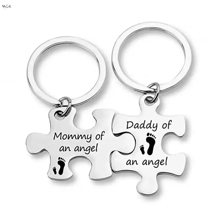 Matching Puzzle Piece Couple Keychain Set Mommy & Daddy of an Angel Engraved Baby Footprint, 2cm Split Ring 4cm Puzzle Charms Sympathy Memorial Key Holder Remembrance Keepsake Gift for Grieving Parents