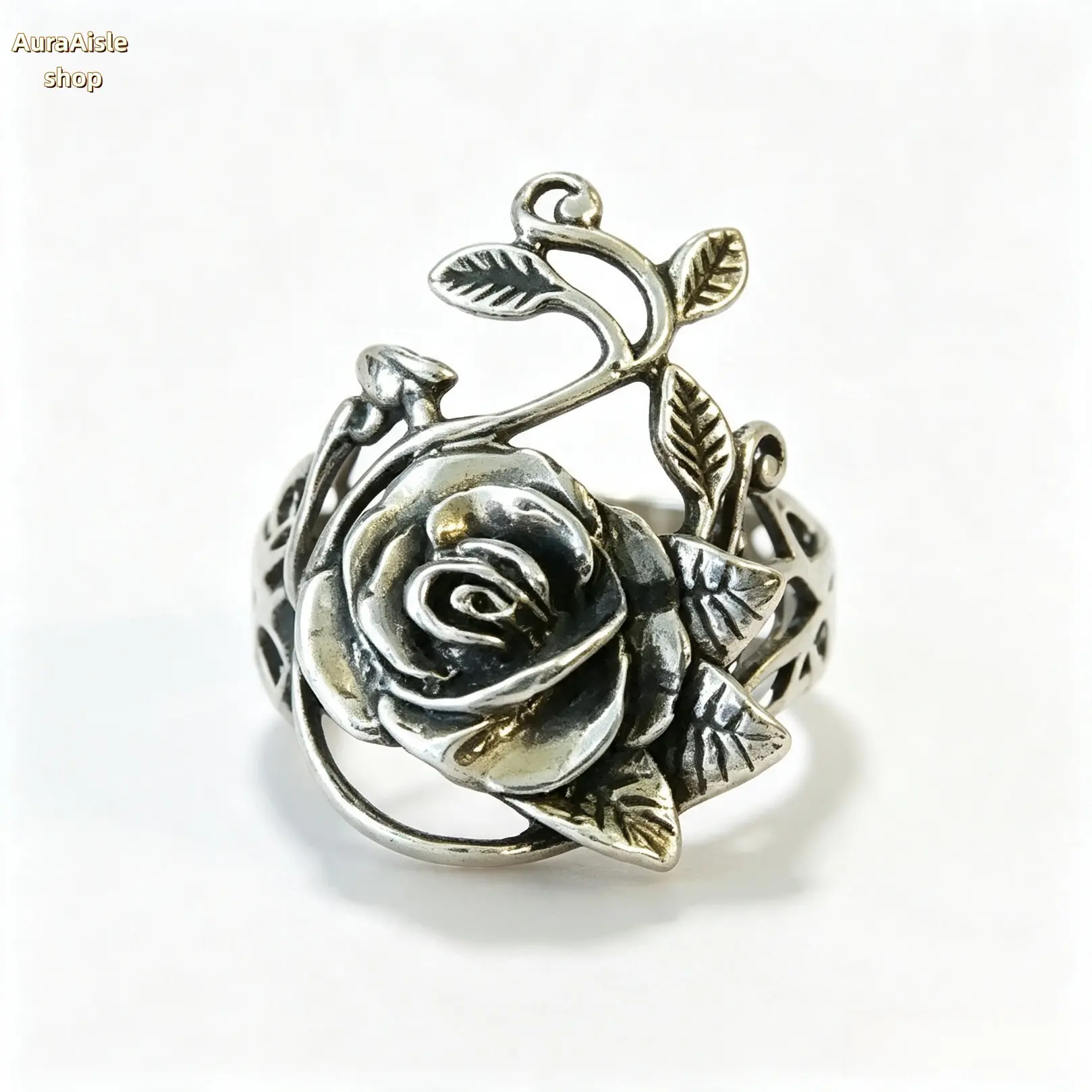 Vintage Open‑Band Rose Flower Ring, Antique Metal Floral Leaf Detail Jewelry For Women, Adjustable Statement Accessory For Daily Wear, Date Nights And Holiday Gifting Scenarios