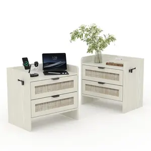Garvee Set of 2 Rattan Nightstands with Type-C Charging Station, Boho Bedside Tables Featuring 2 Drawers, USB & Outlets for Convenient Bedroom, Office, and Living Room Storage Solutions in Milky White
