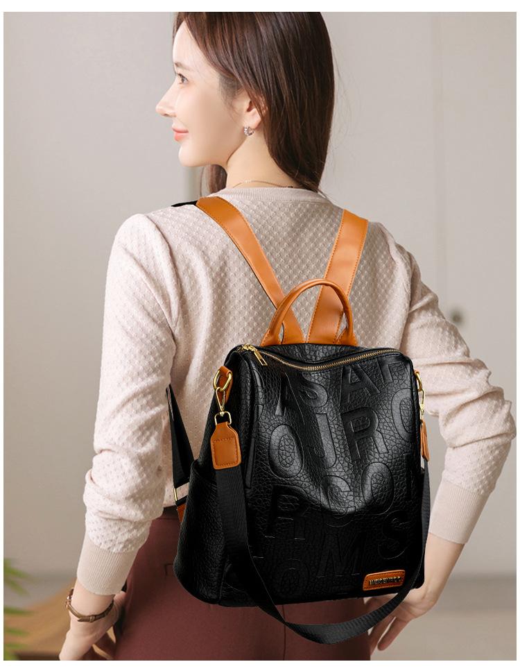 Embossed large-letter backpack, 2026 popular color-blocking multi-functional travel backpack, textured soft leather school bag for female students