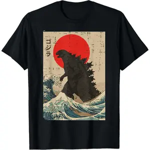 Retro Distressed Ukiyo-E The Great Wave Off Kanagawa Giant Red Rising Sun Godzilla Kaiju Vertical Japanese Katakana Woodblock Print Graphic T-Shirt For Men Women Crewneck Short Sleeve Oversized Oriental Vintage Monster Comic Con Streetwear Tops Big Tall P