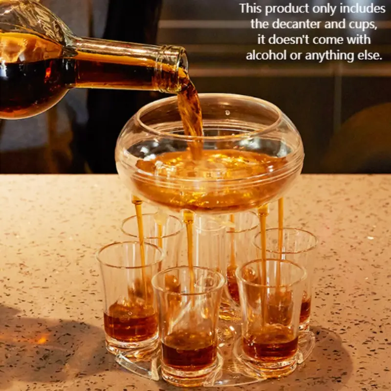 1 Set Beverage Dispenser (1 Dispenser + 6 Cups), Transparent Cocktail Separator, Food-Grade for Bar, Party & Home Use, Includes 6 Drinking Glasses, Wine & Beer Carafes, Display Stand & Bar Accessories, Easy-Pour Liquor Dispenser