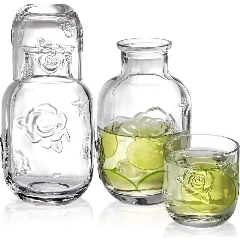 2 Sets Bedside Water Carafe with Tumbler, 16oz Vintage Nightstand Glass Pitcher with 5oz Cups, Clear Mouthwash Decanter with Embossed Rose Design for Bathroom, Bedroom, Bar,