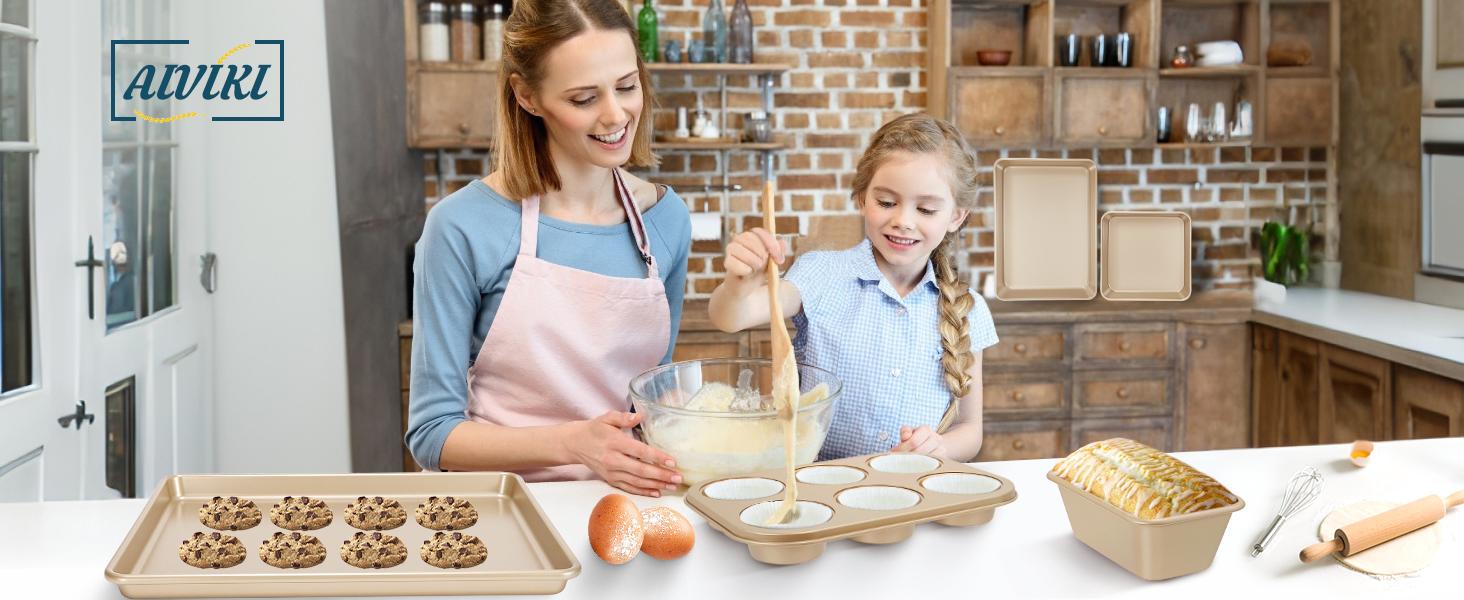 Baking Pans Set, Nonstick Stackable Bakeware Sets, Oven Pans for Cooking 6 Pieces Baking Sheets Set Including Cookie Sheet, Deep Roaster Pan, Square Pan, Loaf Pan, Muffin Pan, Carbon Steel