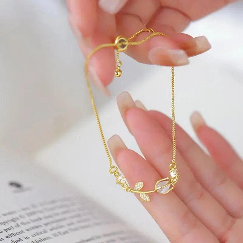 Korean  Tulip Flower Bracelet For Women Shiny Zircon Opal Pearl Beaded Rose Adjustable Charm Bracelet Trendy Jewelry