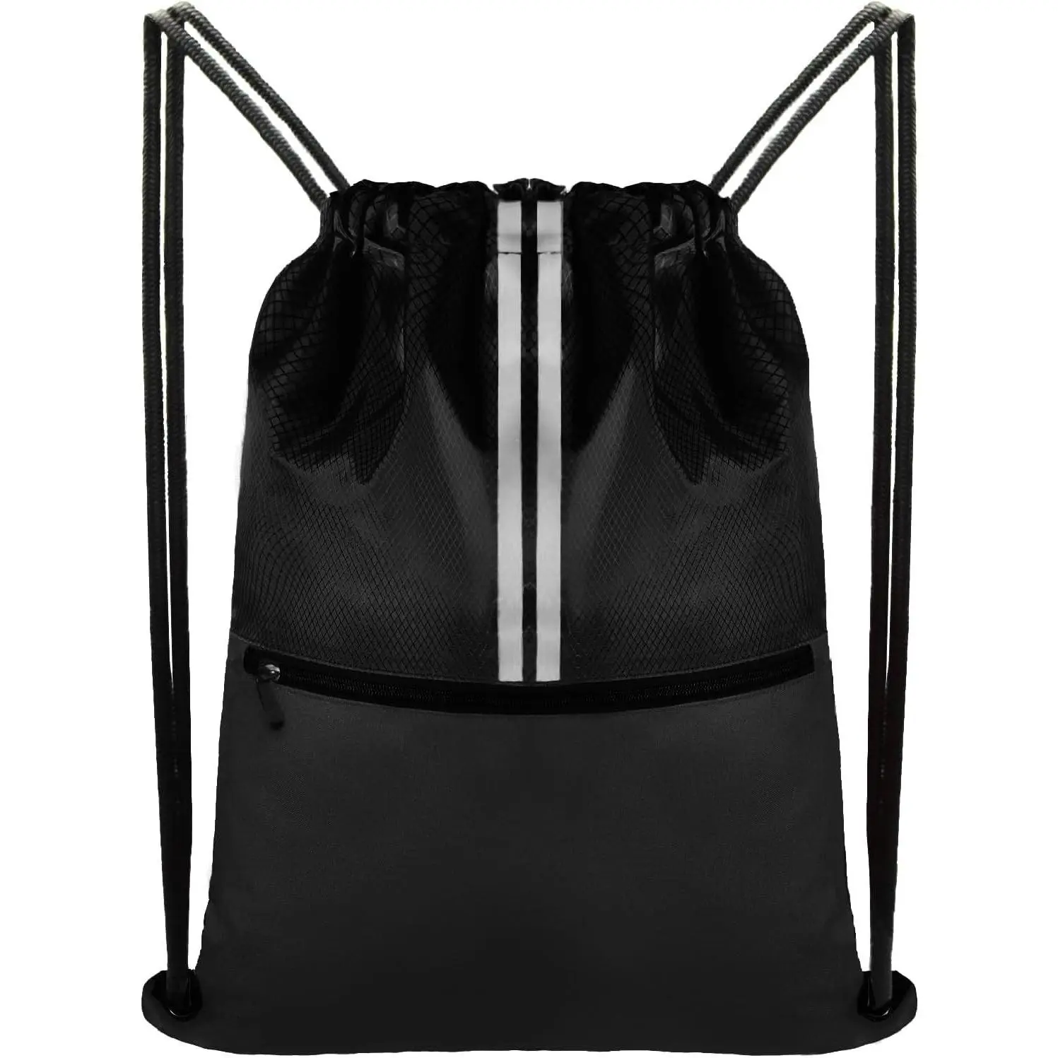Drawstring Backpack Sports Gym Bag, Draw String Back Bag for Men Women, Lightweight Sackpack with Zipper Pocket, Durable Large Two Tone Black