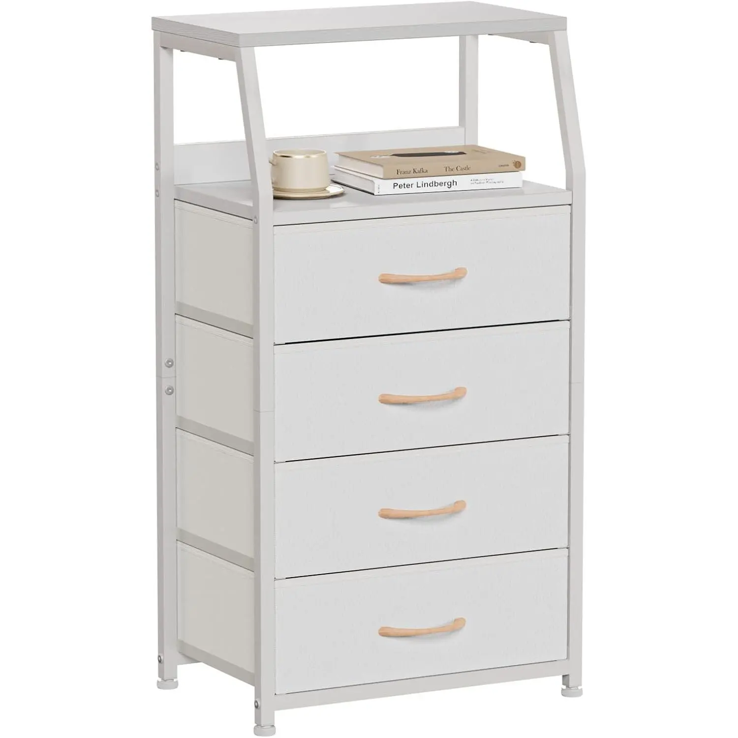 Modern 4-Drawer Tall Dresser with Anti-Tip Base, Foldable Drawers, Quick Setup, Sturdy Steel Frame, Wood Top, Vertical Storage Organizer for Bedroom, Closet, Nightstand Bedside Table Furniture, White
