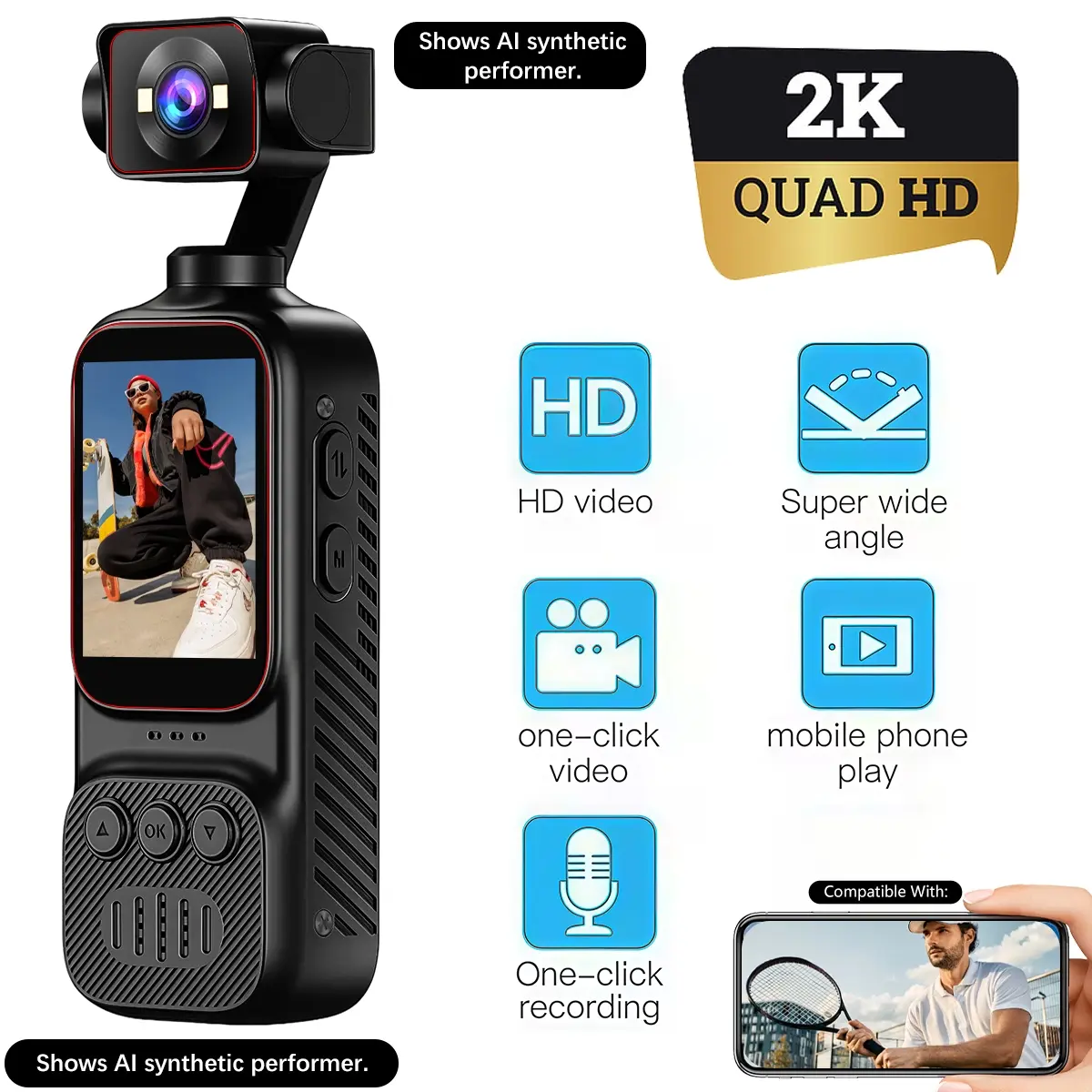 2K UHD Mini Body Camera with 270° Rotatable Lens, Portable Vlogging Camera for Vlog Creators & Outdoor Enthusiasts, 8X Digital Zoom, LED Fill Light, WiFi Connection, Video & Audio Recording for Travel, Hiking, Cycling & Daily Use