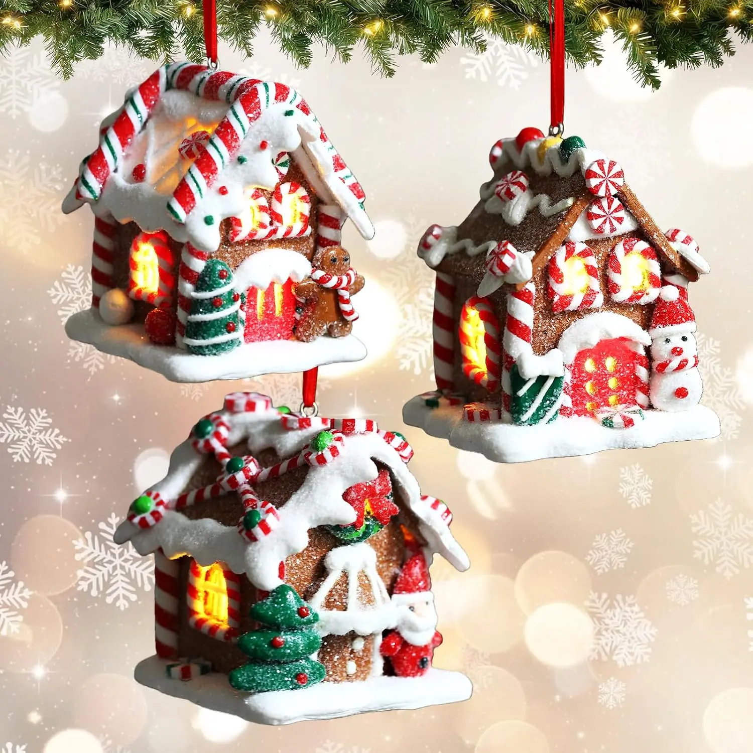 3-Count Modern Light-Up LED Clay Dough Gingerbread House Ornament Set with Santa, Snowman, Metal Hook, Glitter Sugar & Kit - Christmas Tree Decor, Holiday Party Gifts
