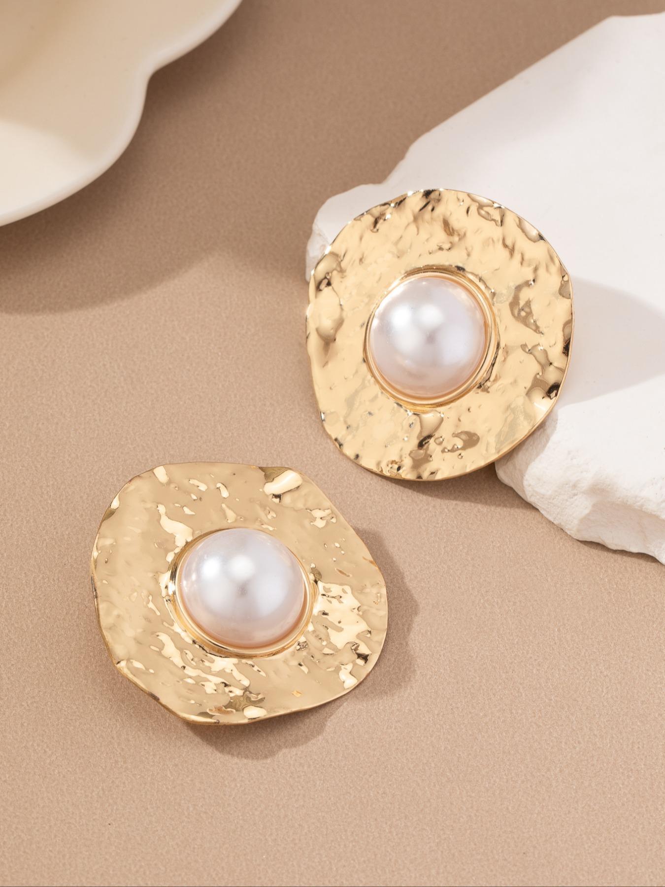 Faux Pearl Decorated Textured Metal Design Jewelry Set, Including Ring & Earrings & Bracelet & Necklace, Fashion Accessories for Women, Trendy All-match & Exquisite Jewelry for Birthday Gift