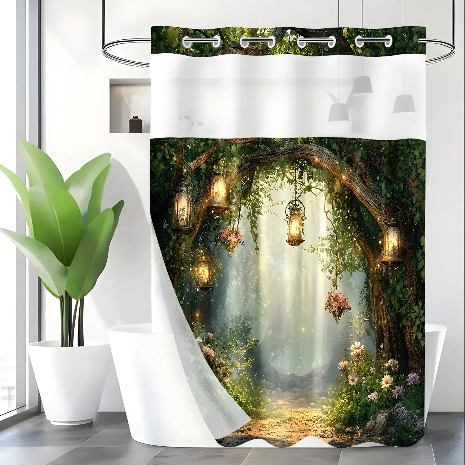 LVRLVR 1pc Enchanted Forest Whimsical Shower Curtain Cute, Cottagecore Tree Lantern Floral Print, Sheer Top Window, Detachable Liner & No Hook C-Ring, 70.8" x 74"