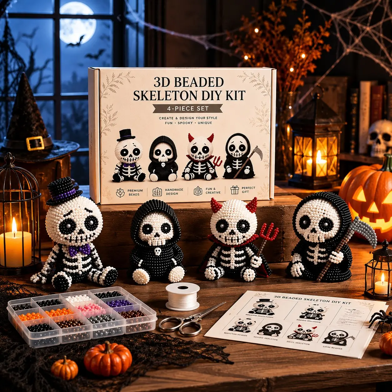 DIY 3D Skull Beading Set, includes materials and instructions, Halloween home decoration, Mini Beaded World 3D DIY Series, Cute Four-Piece Skull Beading Set, Diy Beads