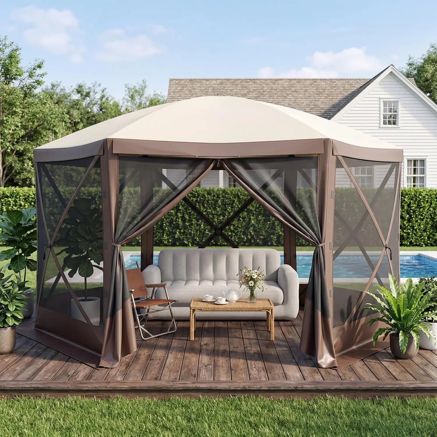 Aoxun 6-Sided 12x12 ft Quick Deploy Pop-Up Gazebo Tent - Brown Oxford Fabric Outdoor Patio Shelter with Ventilated, Water-Resistant Canopy, Mesh Windows, Ground Stakes, Carry Bag for Backyard, Camping, Six-Sided