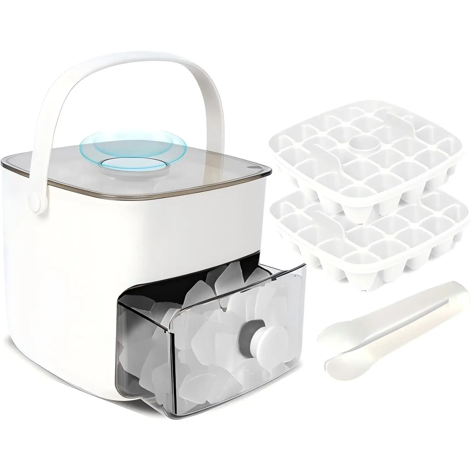 Ice Cube Tray with Lid & Bin Ice Maker Ice Trays  Freezer Ice Container- Reusable Ice Mold  Whiskey, Cocktail, Coffee, Beer Drinks with Ice Trays Ice Tongs (White)