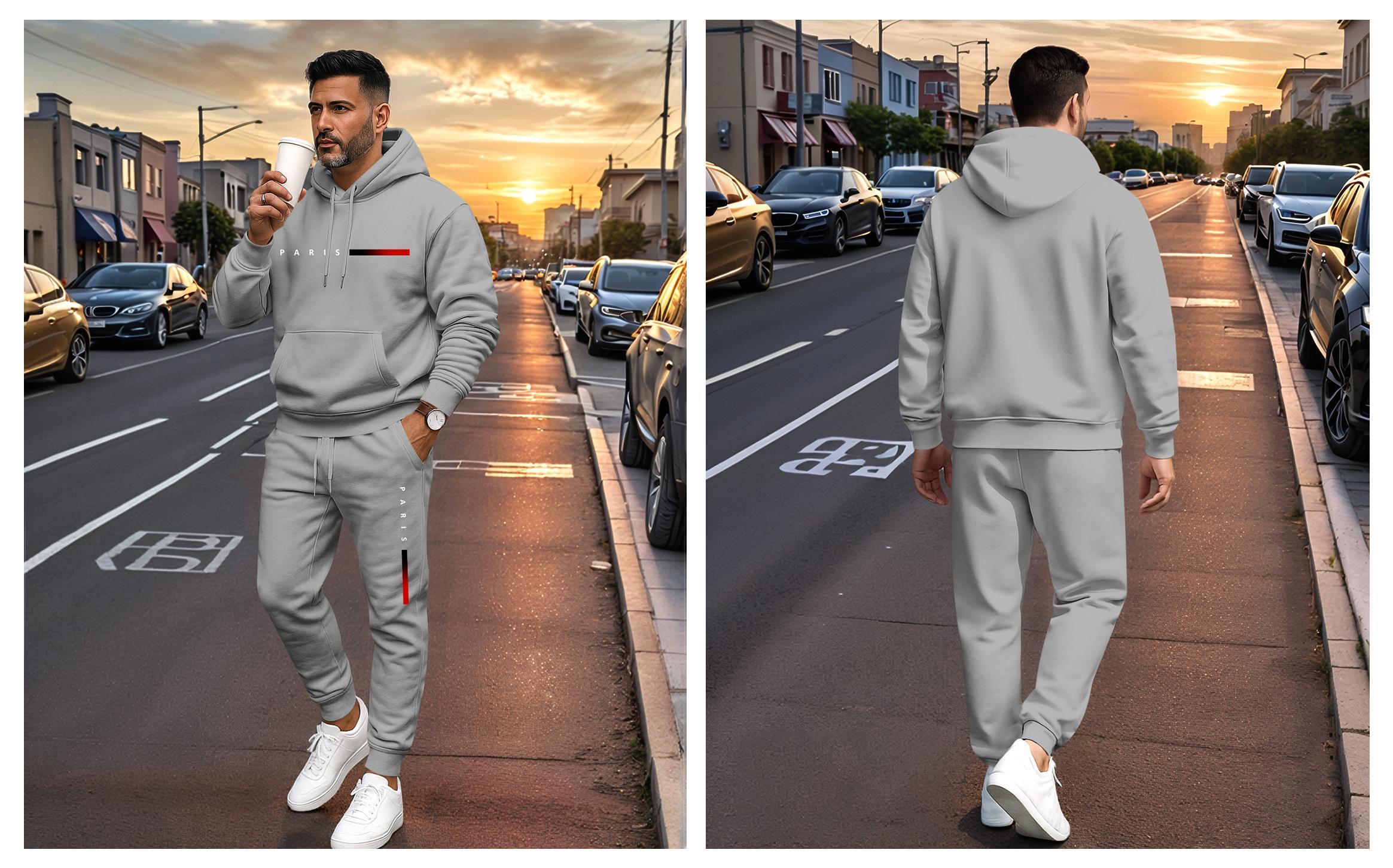 Men's Paris Letter Printed Hoodie & Drawstring Sweatpants Set - 100% Polyester, Loose Fit, Casual Athletic Style, Machine Washable, Ideal for Autumn Spring Winter
