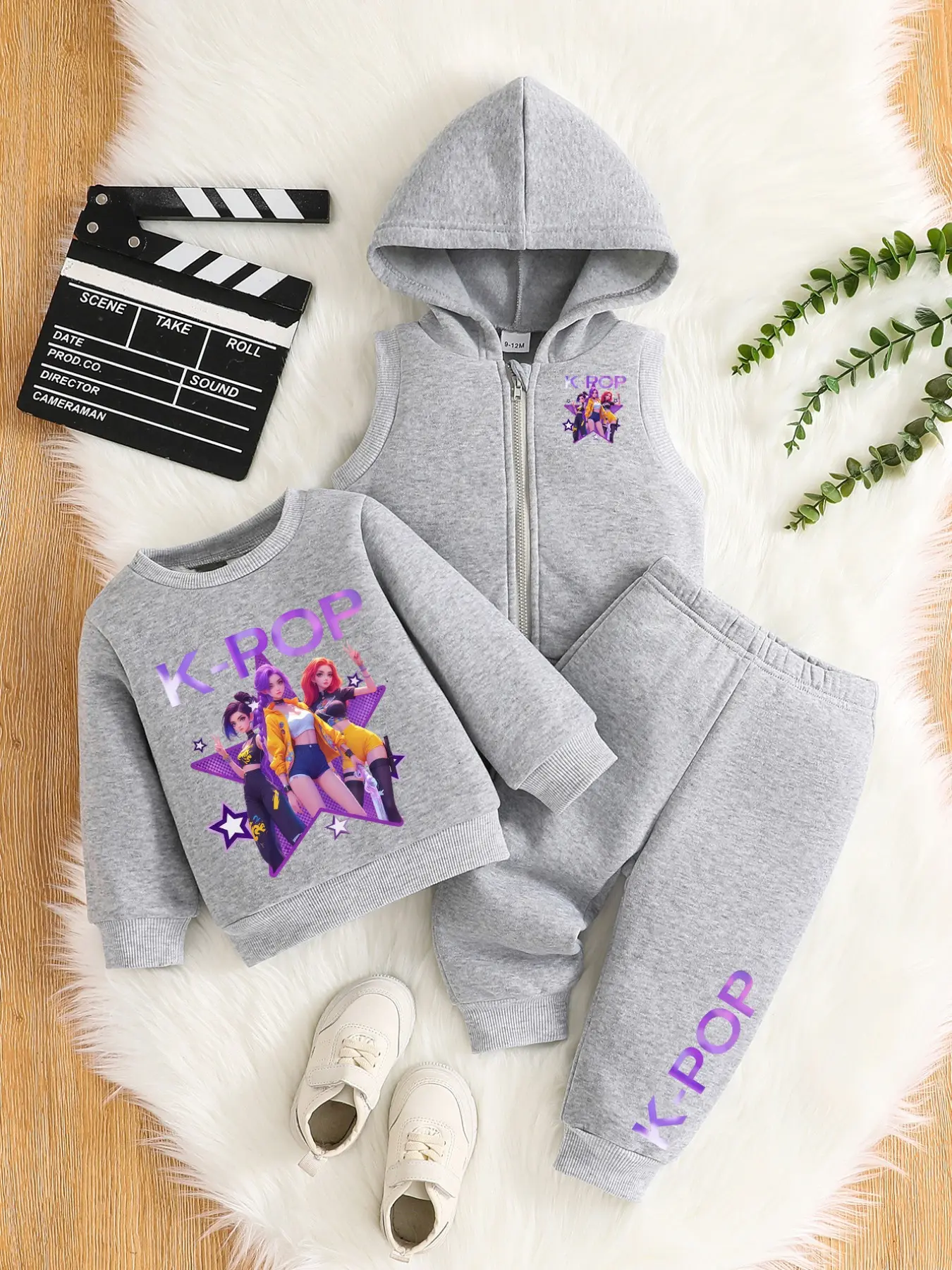Girls' 3-Piece Set, Set Outfit, Korean Style Print, Round Neck Long Sleeve Sweatshirt, Zipper Hooded Vest, Drawstring Sports Pants, Fall Winter Wear