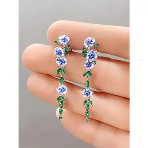 Rhinestone Decorated Flower Floral Accents Dangle Earrings As Gift, Gift Jewelry, Aesthetic Jewelry Gift,  Trendy Vintage Leaf Design, Unique Dangle Style Earrings for Women, Anniversary, Engagement, Wedding, Dangling Earrings