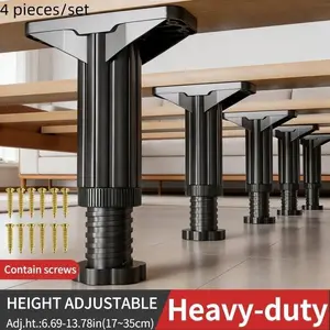 Heavy-duty adjustable bed support legs, set of 4 black plastic furniture feet with metal accents and screws, reinforced center bar for stability, easy installation, suitable for replacement parts of bed frames, cabinets, and shelves