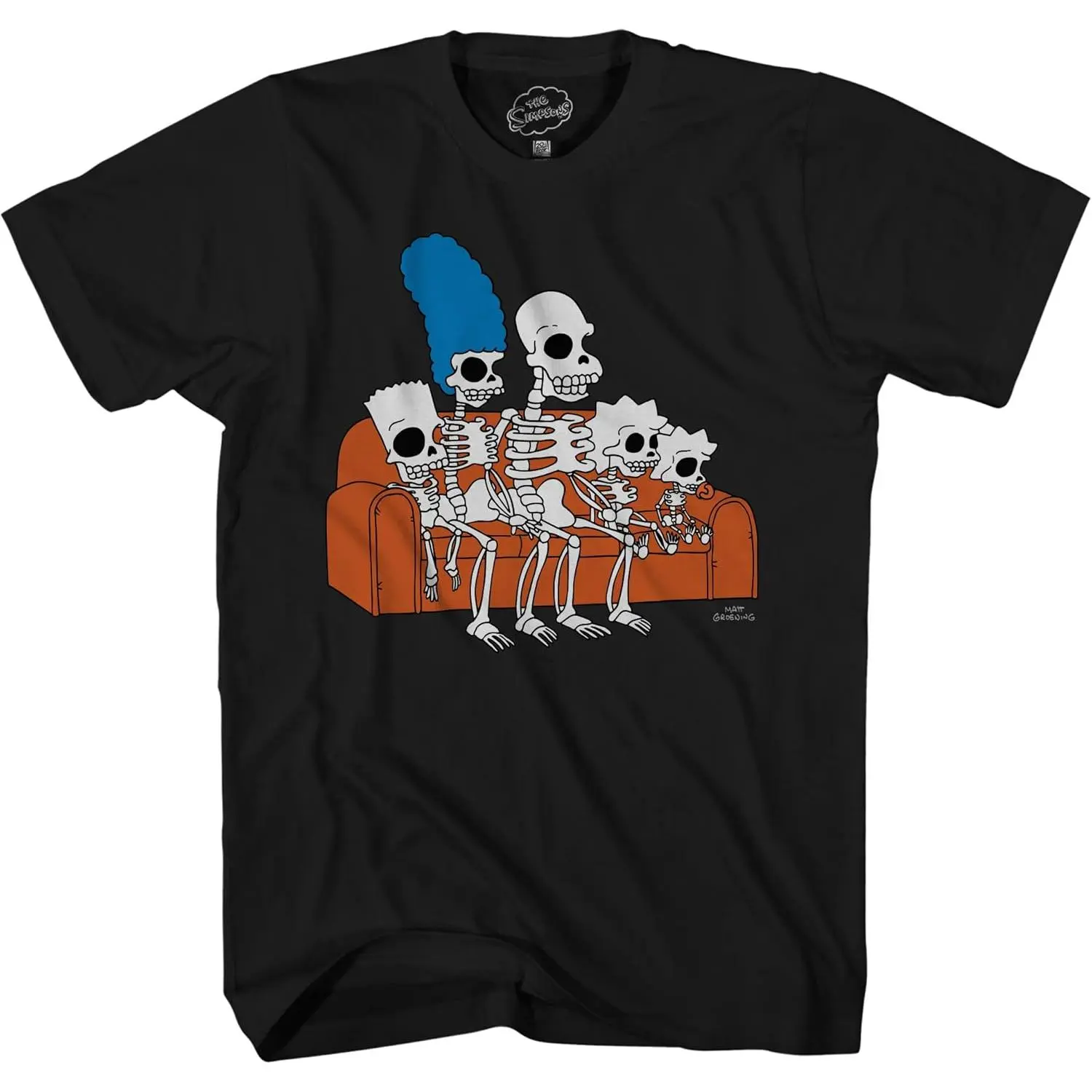 Men's The Simpsons Skeleton Family Couch Scene Graphic Streetwear T-Shirt, Adult Short-Sleeve Tops, Spooky Halloween Matt Groening Classic Cartoon Fan Pullover, Casual, Knit, Round Neck, Fabric, Menswear, Print