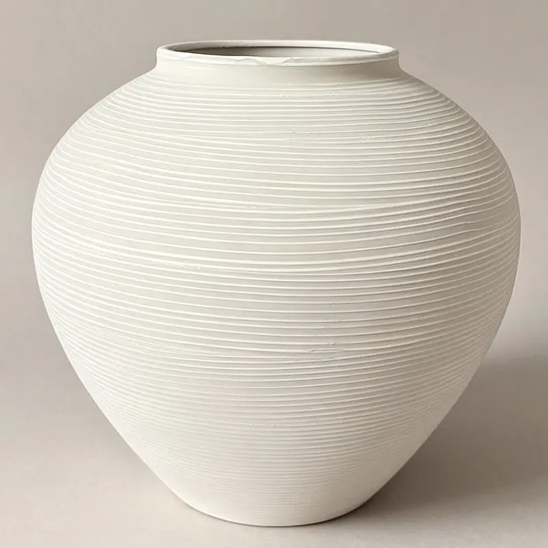 Large Cream White Spiral Ribbed Texture Metal Vase 11" Wide, Rustic Farmhouse Table Centerpieces, Home Decor Vase for Dining Table & Living Room