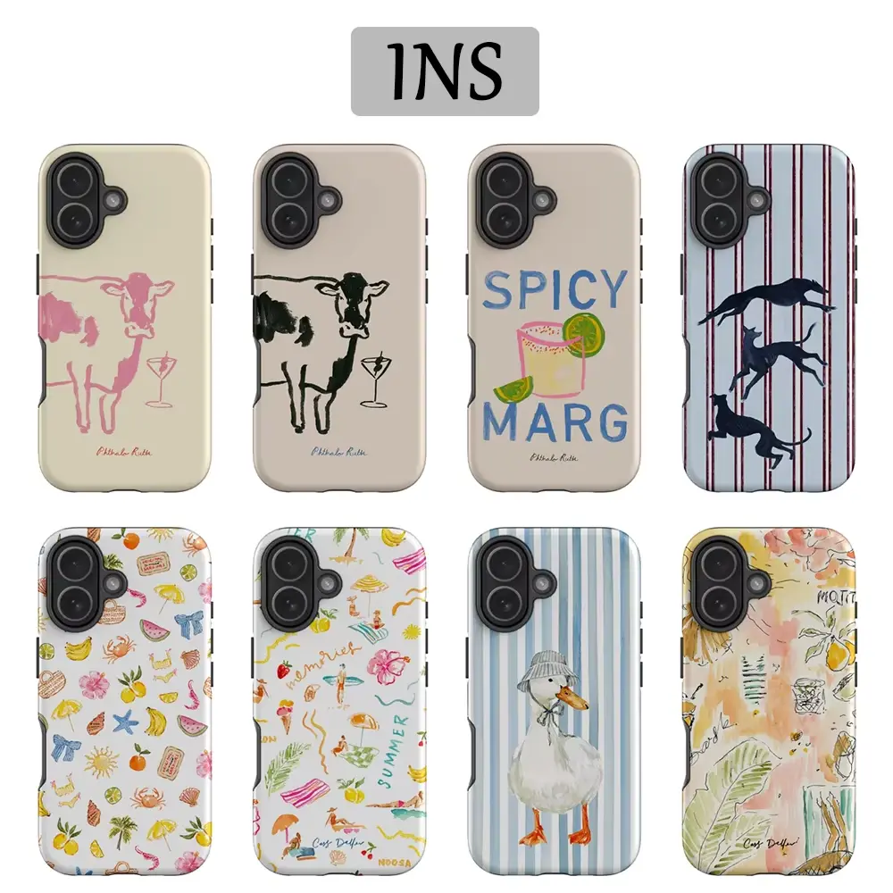 Artistic Print Phone Case Accessories for iPhone & Galaxy, Multi-Model Shockproof Protective Cover with Hot INS Summer Hand-Drawn Cow Greyhound Duck Cocktail Colorful Unique Designs, Gift for Birthday Christmas