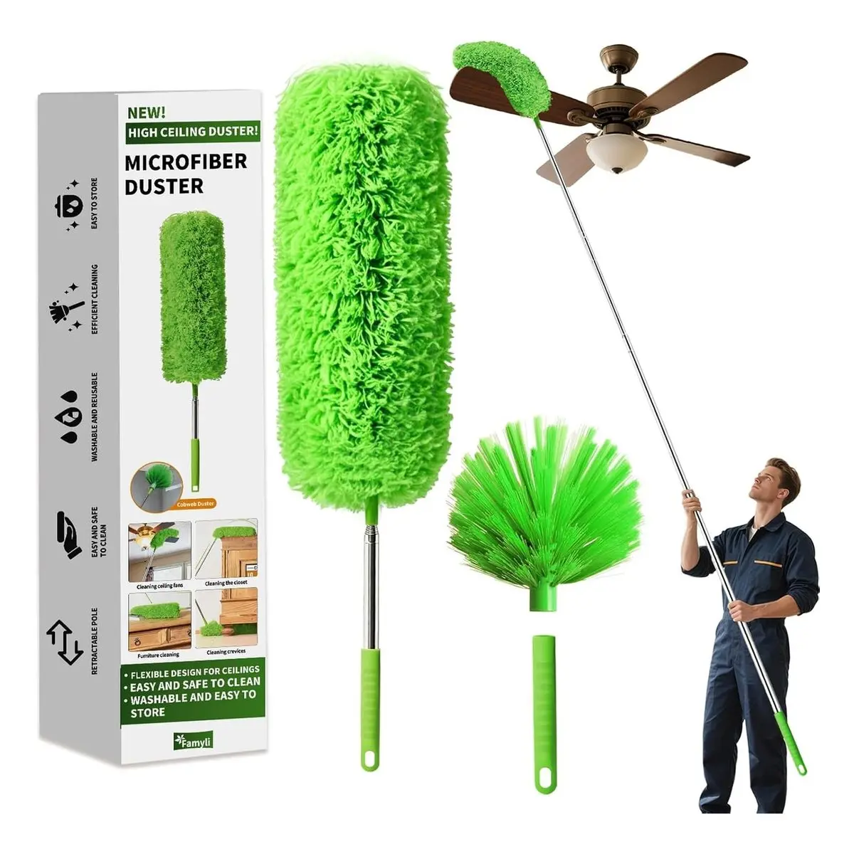 Cobweb Duster with Lightweight Adjustable 15-110in Telescoping Extension Pole, Washable Home Cleaning Set with 2 Duster Heads and Corner Brush for High Ceiling Fans, Windows