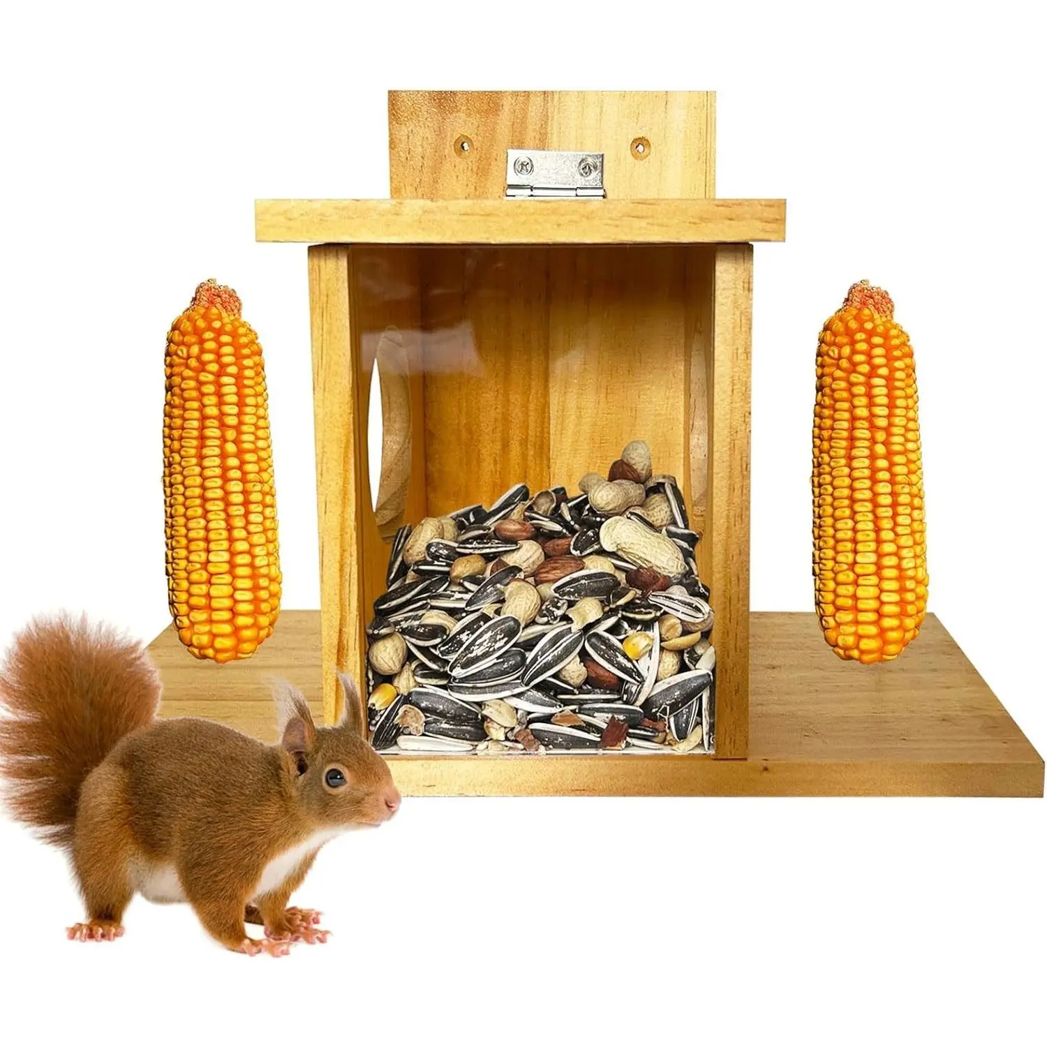 Wooden Outdoor Squirrel Feeder with Corn Cob Holder, Removable Panel, Rainproof, Easy-to-Clean & Refill, Durable Wood Chipmunk House for Corn & Peanuts