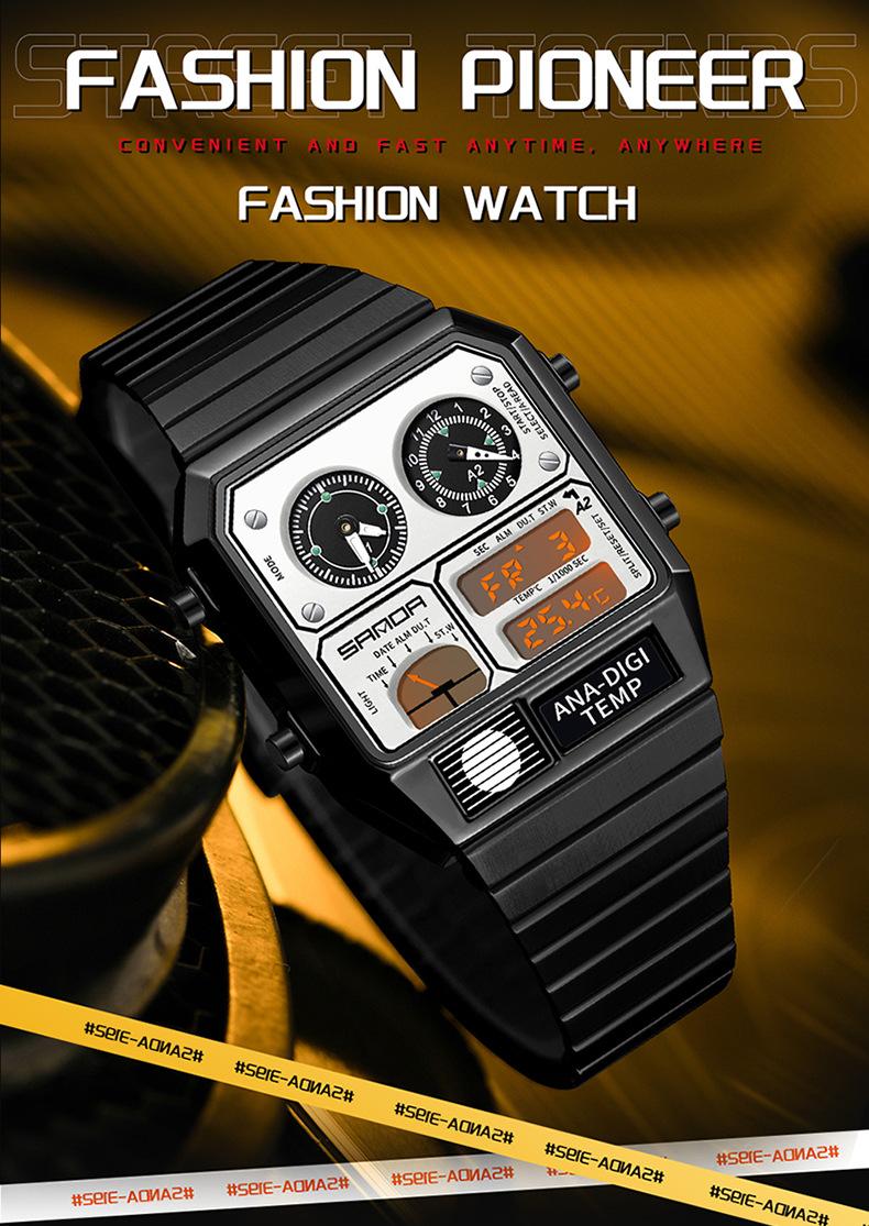 Trendy Men's Square Dial Digital Watch, Street Style Waterproof Luminous Watch, Multifunctional Timepiece with Temperature Measurement & Stopwatch