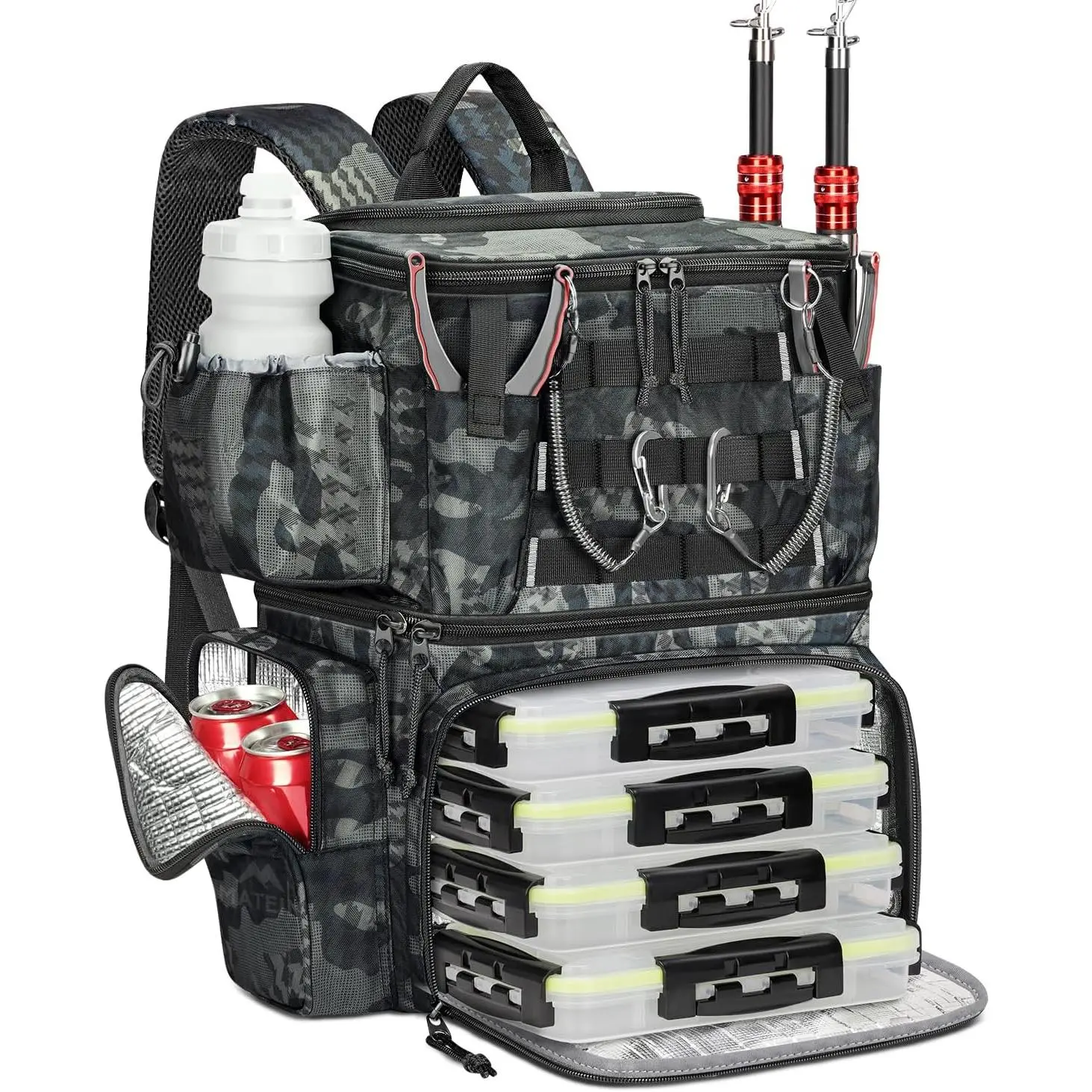 Tactical Fishing Backpack with 4 Tackle Boxes, Rod Holder, Cooler Compartment & Compass - Large Capacity Gear Bag for Fishing Trips, Safety Compass, Unisex, Functional Pack