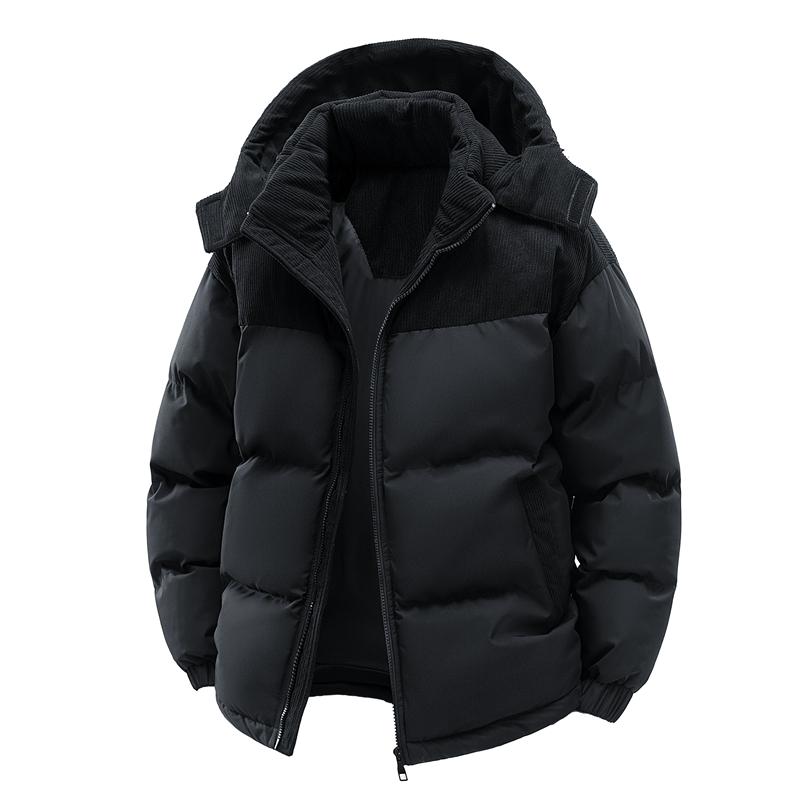 Men’s Color Block Corduroy Spliced Hooded Puffer Jacket - Casual Plain Polyester Retro Chic Full Zip Winter Coat with Elastic Cuffs, Warm Padded Outdoor Indoor Outerwear for City Commuting & Outdoor Trips
