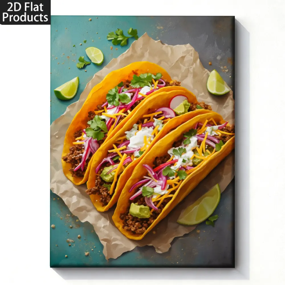 2D Flat Artistic Mexican Taco Wall Art - Vibrant Street Food Canvas Painting with Wrap-Around Frame, Suitable for Kitchen, Restaurant Decor & Gift Option