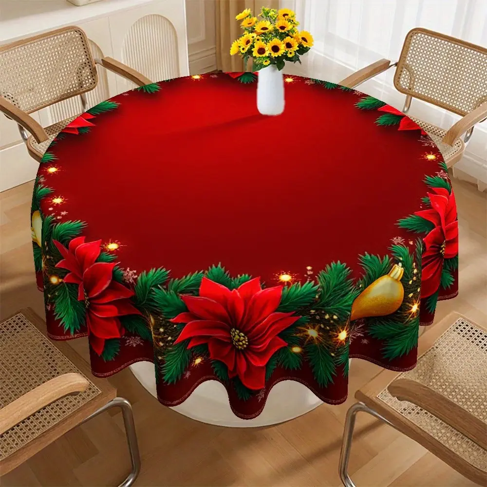 Christmas Theme Round Tablecloth, Poinsettia and Pine Garland Design, Perfect for Holiday Dining Decor, Family Gatherings, Parties